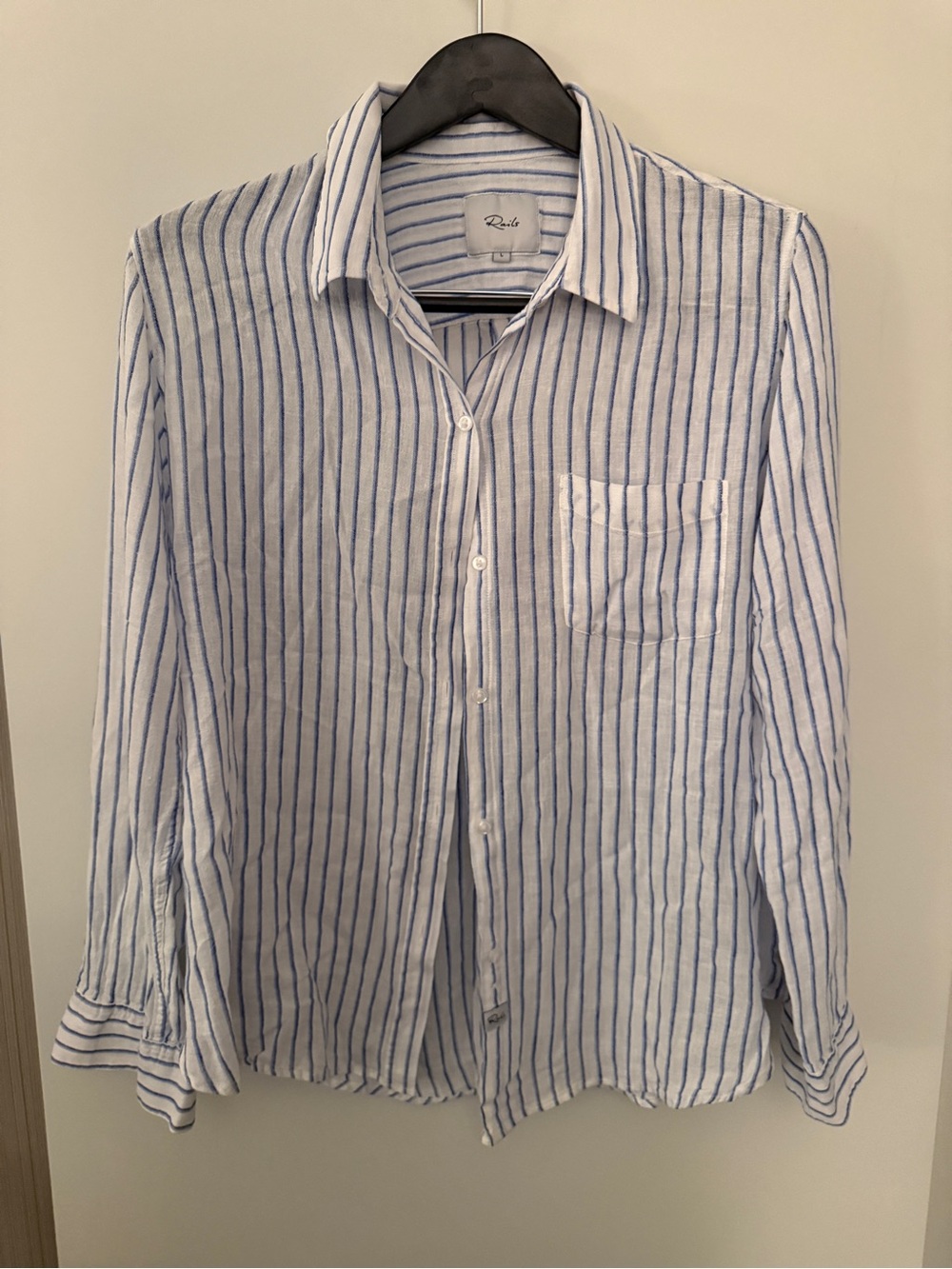 Rails Charli Bahia Stripe Linen Blend Button Down Shirt Size L Blue White